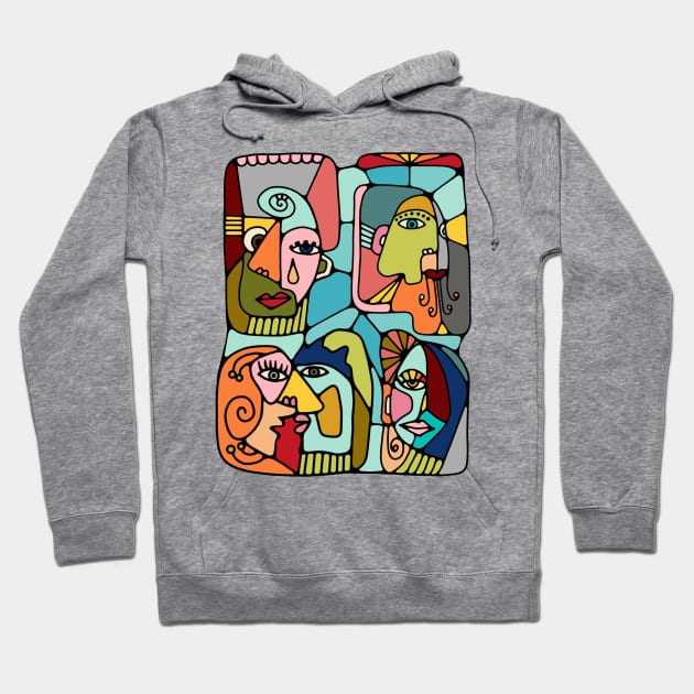 Cubist Picasso Style Faces In Mid Century Modern Colors Hoodie by Slightly Unhinged